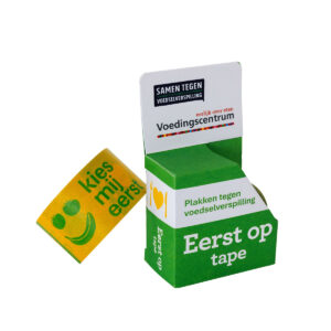 Eerst op tape verpakking met tekst 'Kies mij eerst' en logo's van Voedingscentrum en Samen Tegen Voedselverspilling.