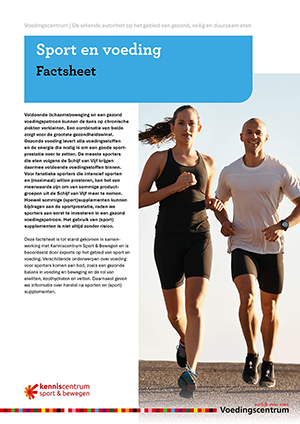 Factsheet Sport en voeding met en afbeelding van een man en een vrouw die aan het hardlopen zijn op een zonnige dag