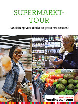 Omslag van de handleiding voor de supermarkt-tour voor diëtisten en gewichtsconsulenten, met afbeeldingen van mensen in een supermarkt.