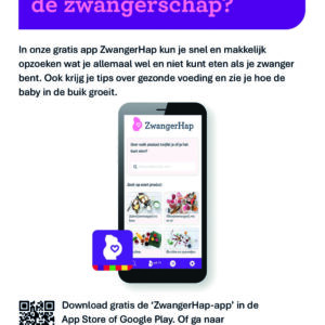 Cover van het Uitdeelkaartje voor de ZwangerHap-app met informatie hoe je deze kunt downloaden op je mobiel