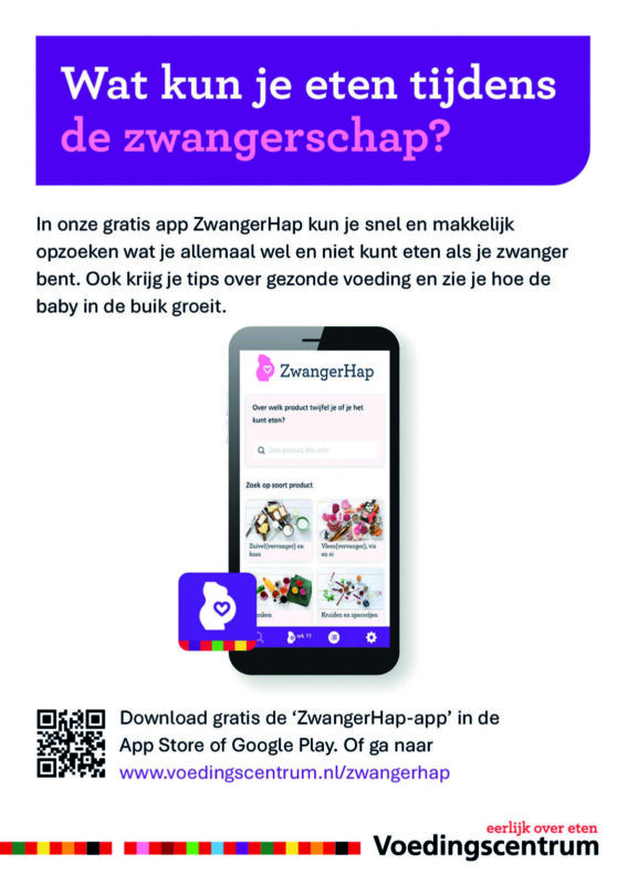 Cover van het Uitdeelkaartje voor de ZwangerHap-app met informatie hoe je deze kunt downloaden op je mobiel