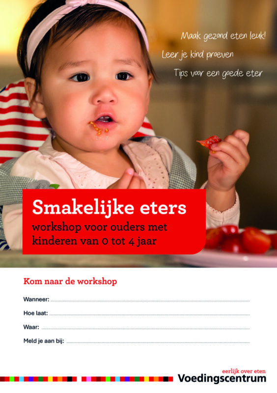 Poster voor de workshop 'Smakelijke eters' voor ouders van kinderen van 0 tot 4 jaar, met een afbeelding van een jong kind dat eet.