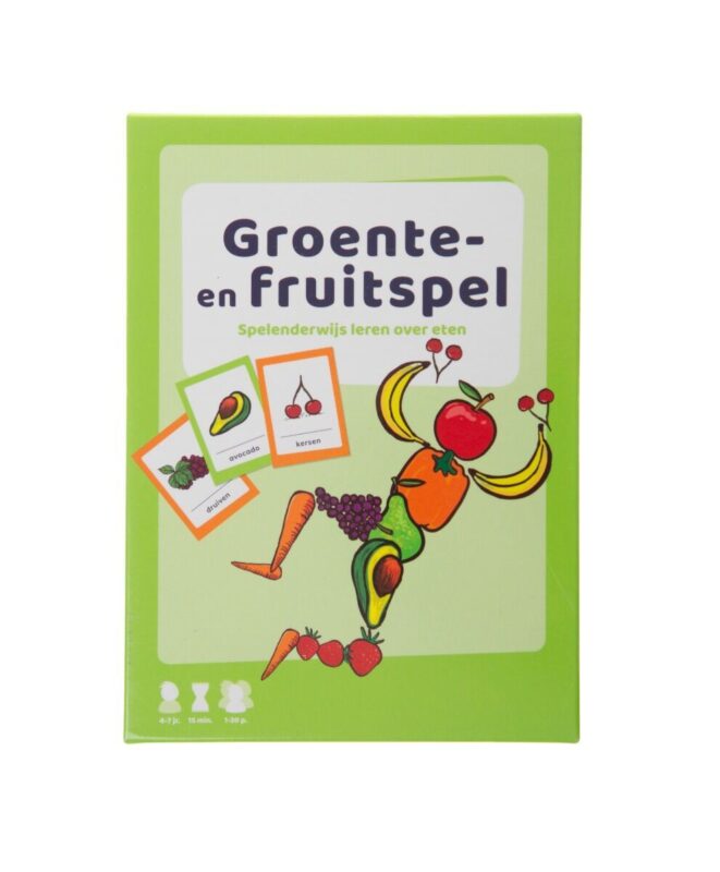 Voorkant van de doos van het Groente- en fruitspel met kleurrijke illustraties van groenten en fruit.