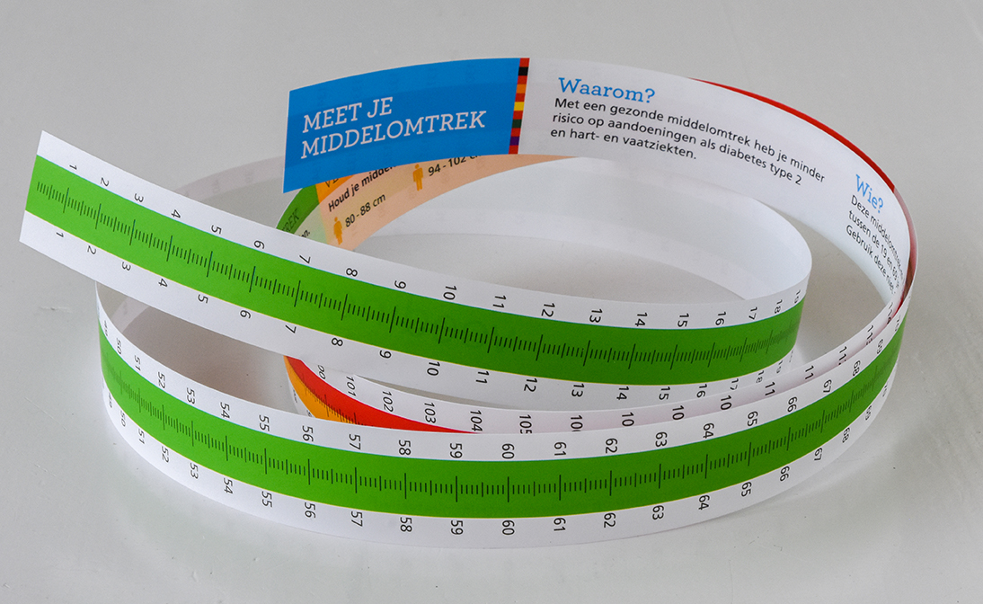 Afbeelding van de Middelomtrek-meter met kleurcodering voor buikvetmeting.