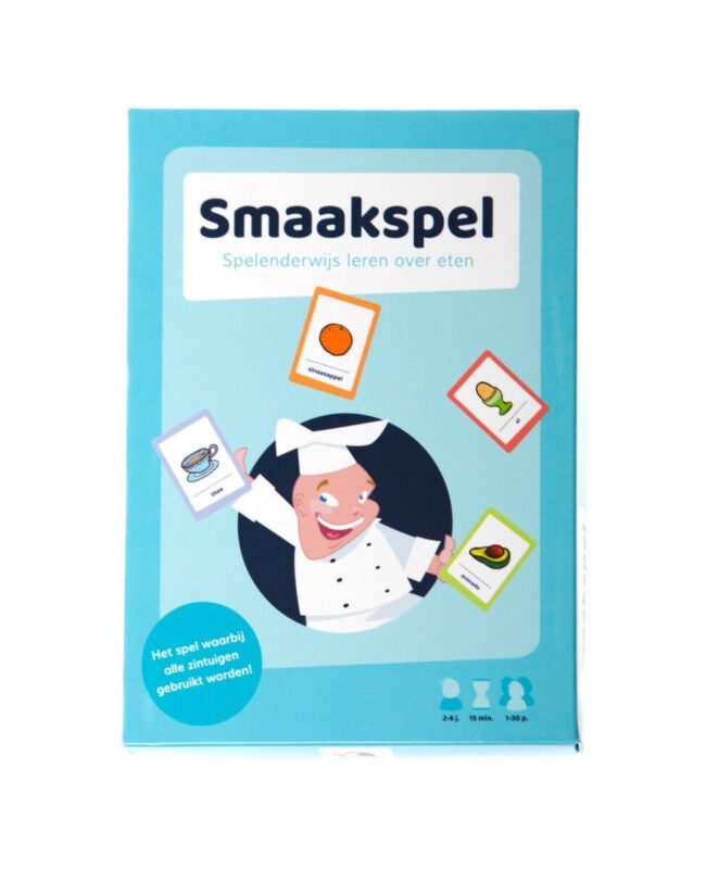 Voorkant van de doos van het Smaakspel voor kinderen, met afbeeldingen van voedselkaarten.