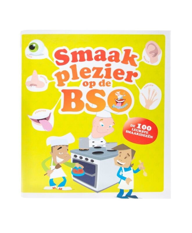 Cover lesmap 'Smaakplezier op de BSO' met illustraties van kinderen en een kok bij een fornuis.